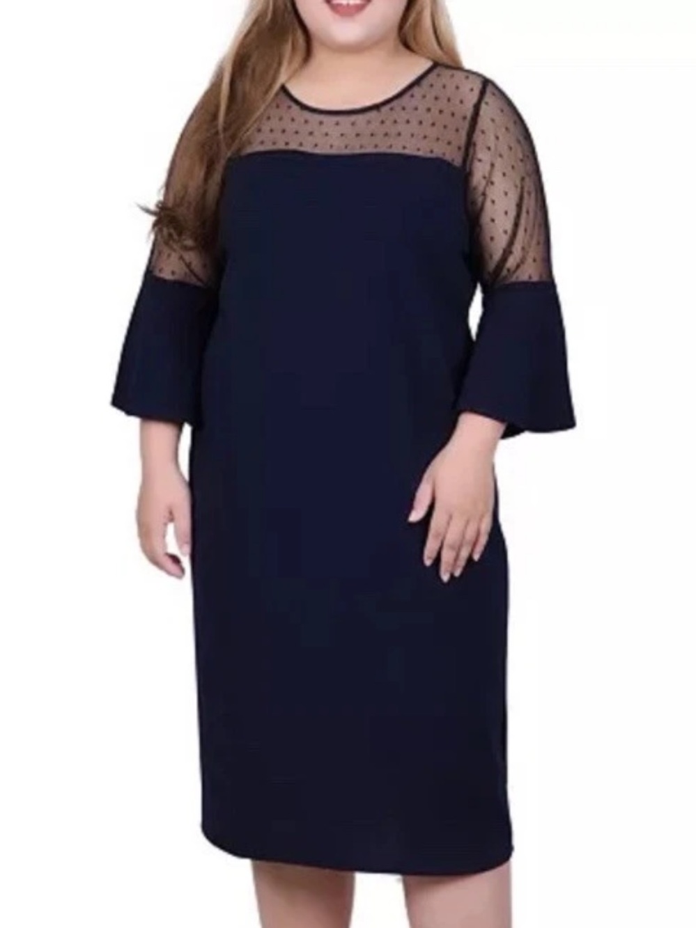 NY Collection Plus Size Sheer Illusion Mesh Neckline Bell Sleeve Shift Dress